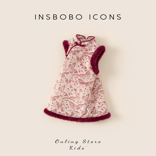 INSbobo女童连衣裙冬季新中式儿童裙子周岁女宝礼服新年红色衣服