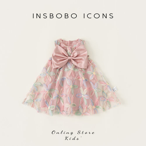 INSbobo蝴蝶结网纱花朵连衣裙