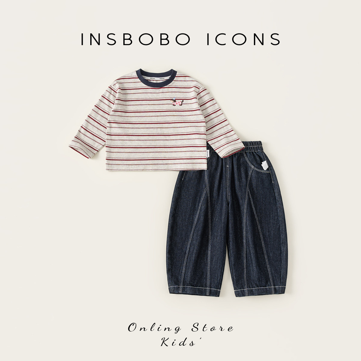 INSbobo儿童横条纹可爱印花套装图片