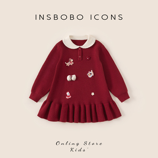 女童连衣裙儿童红色裙子宝宝新年衣服冬季新款过年毛衣裙女孩冬装