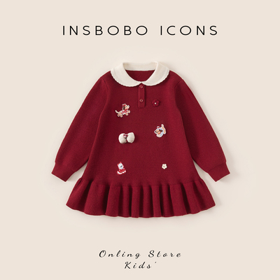 INSbobo儿童可爱绣标毛衣连衣裙