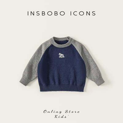 INSbobo儿童百搭拼色绣花毛衣