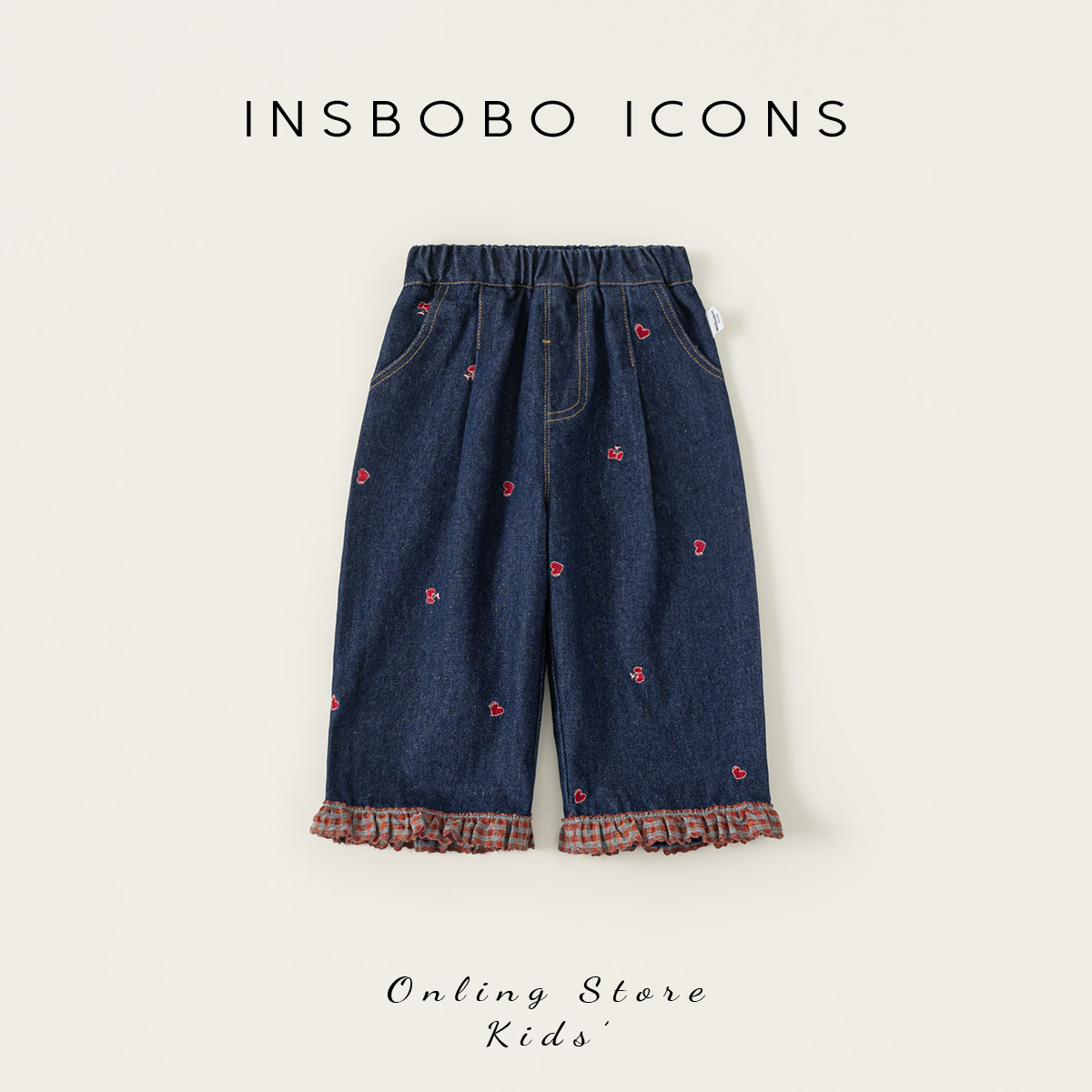 IINSbobo儿童可爱绣花花边牛仔裤图片