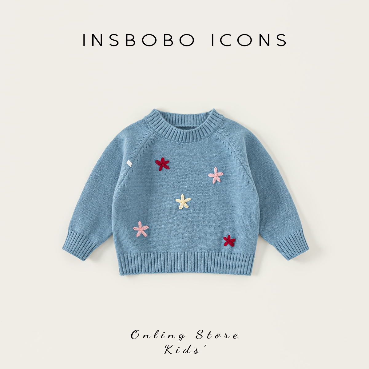 INSbobo女童小花朵圆领毛衣春秋