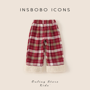 INSbobo女童裤子儿童加绒长裤女宝休闲裤童装女孩红色格子裤冬季