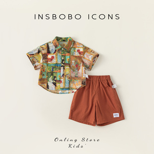 INSbobo儿童休闲套装 新款 男童休闲两件套夏季 印花衬衫 洋气运动夏