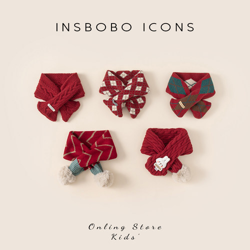 INSbobo儿童小红毯童趣针织围巾