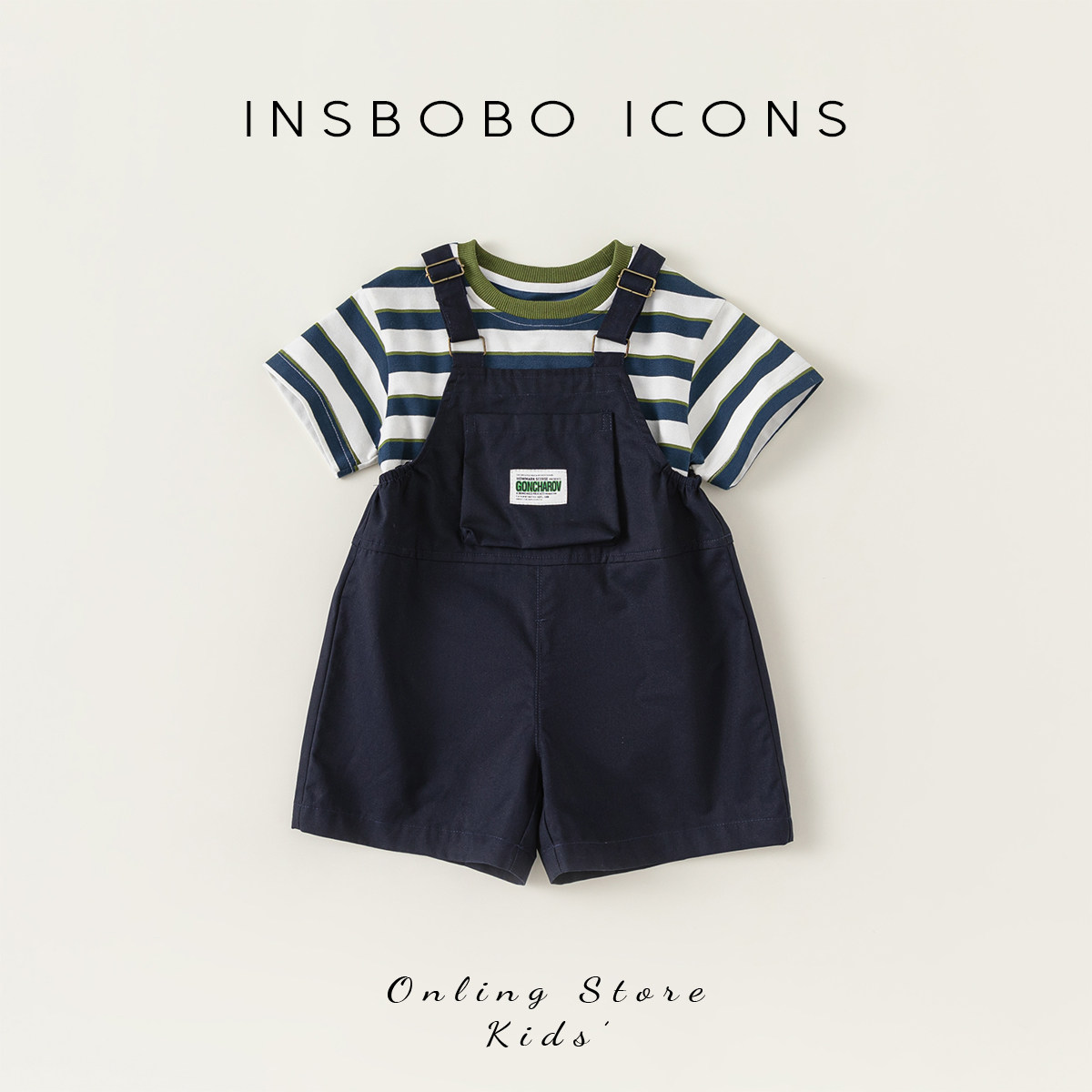 INSbob女童套装时尚条纹男童短袖背带短裤套装洋气休闲儿童衣服夏,童装/婴儿装/亲子装,套装,淘宝优惠券,粉丝福利购,淘宝优惠卷