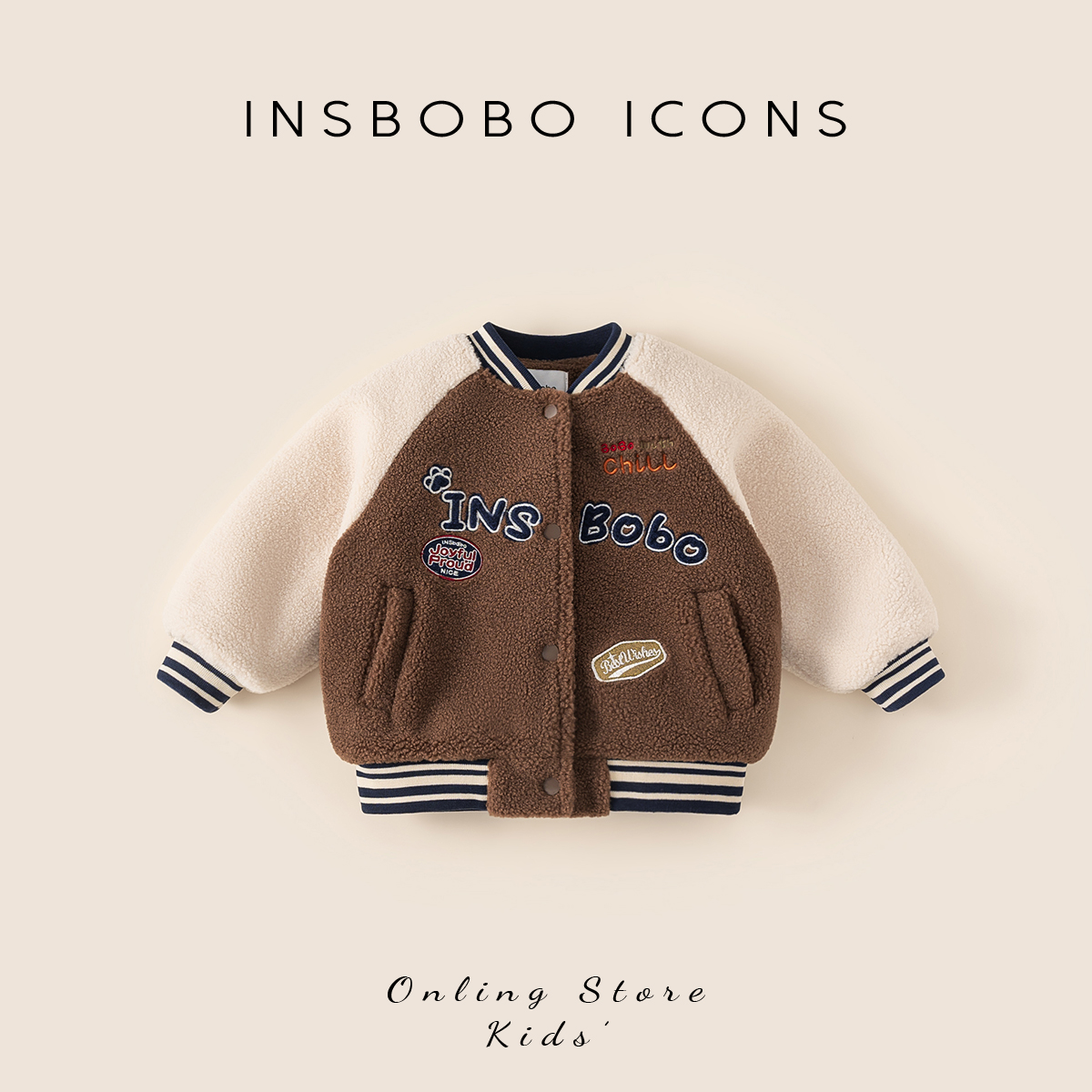 INSbobo儿童插肩袖拼色刺绣外套