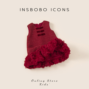 INSbobo女童连衣裙新款周岁女宝礼服红色新中式儿童裙子新年纱裙