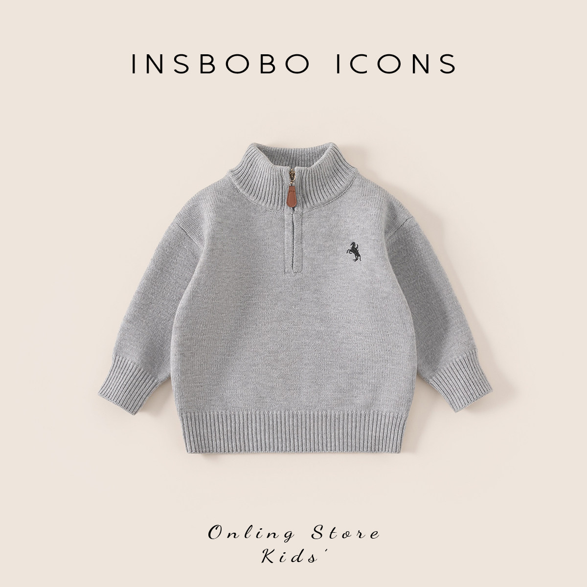 INSbobo儿童立领半拉链刺绣毛衣