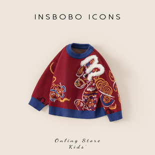 INSbobo男童拜年服2025拜冬年服喜庆风儿童冬装红色过年新款汉服