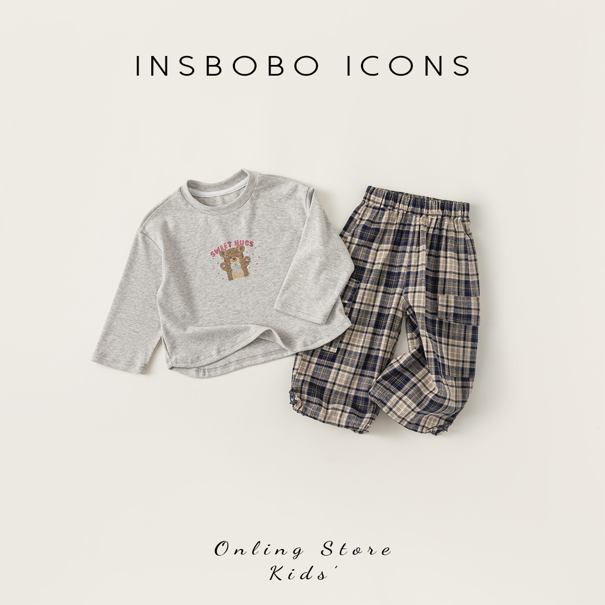 INSbobo男童套装儿童秋装时尚格纹女童运动套装秋季新款韩版休