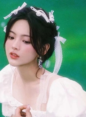 奶油色~白色蕾丝蝴蝶结发夹女高级感甜美刘海蓝色侧边发卡头饰ins