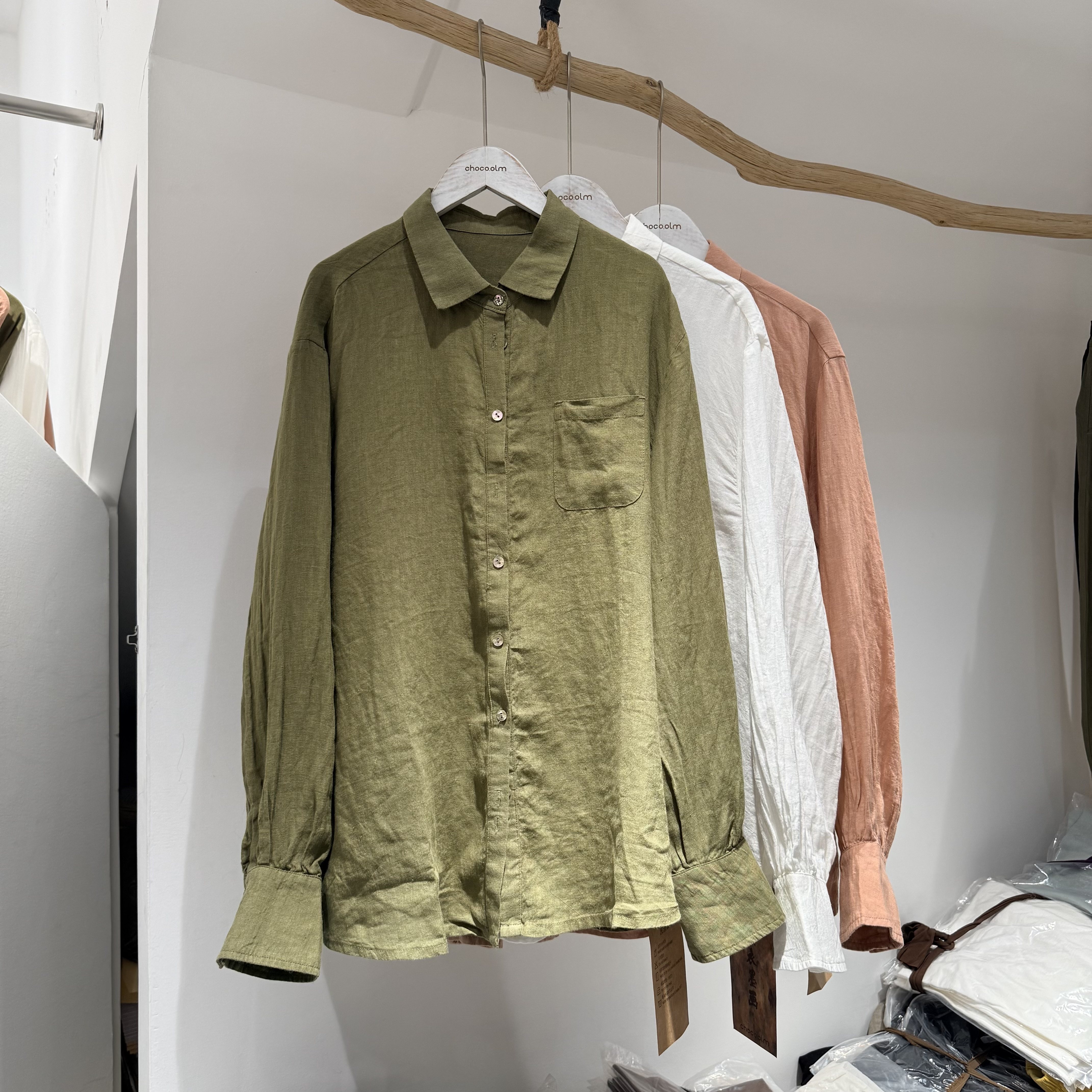 亚麻翻领长袖衬衫女开衫贝壳扣宽松显瘦百搭休闲上衣防晒衫3301