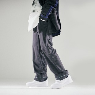 清 小脚九分裤 FLOAT潮流条纹西裤 坠垂感修身 秋冬直筒裤 男长裤