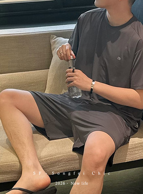 4001冰丝凉感男士睡衣夏透气圆领舒适短袖短裤居家服宽松运动套装