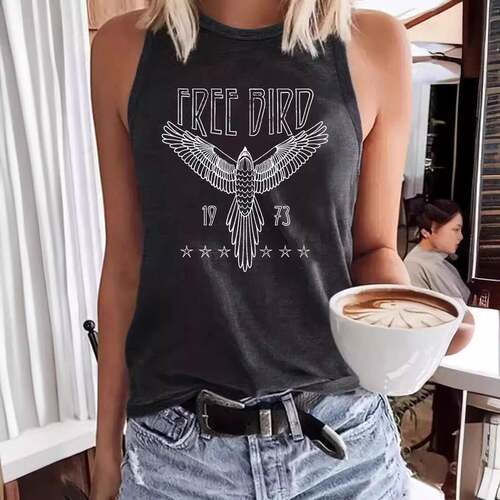 Women Bird Print Round Neck Fitted Tank Womenswear Casual