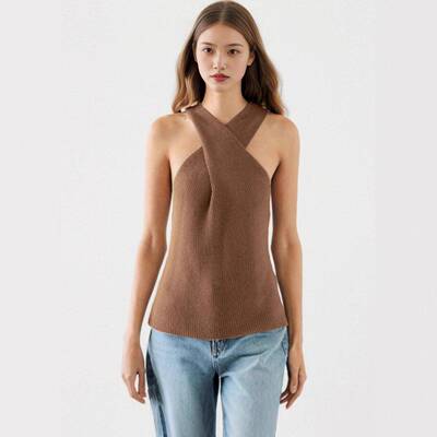 Womens Halter Cross Neck Knit Top - Shoulder Flattering