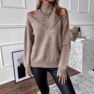 Womens Casual Ladies Plain Fitted Cut Out High Neck