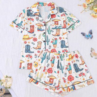 Women Over Cowboy Print Lapel Neck Button Front Pajama