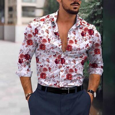 Men Floral Print Sleeve Shirt Casual Regular Comfy Seasons