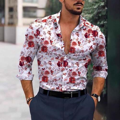 Men Floral Print Sleeve Shirt Casual Regular Comfy Seasons