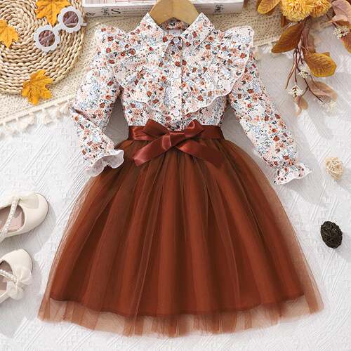 girls ditsy floral print bow decor dress casual comfy round