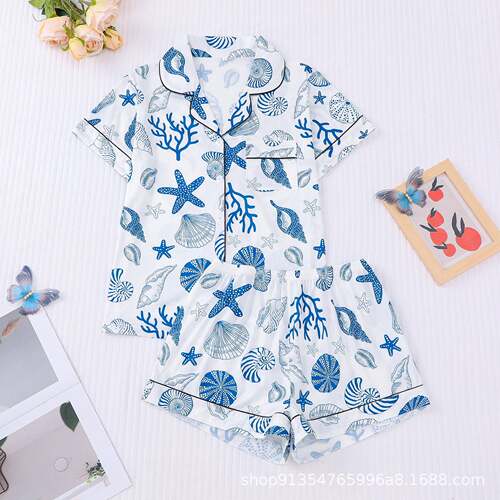 Women Shell Print Shorts Pyjama Two Set Casual Comfy Sleeve