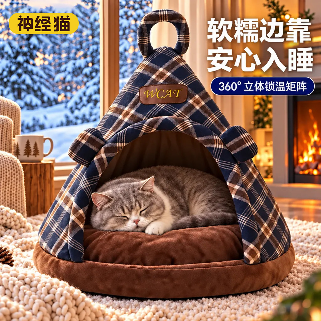 猫窝冬季半封闭式安全感磨毛帐篷加厚不塌陷室内睡眠猫狗四季通用