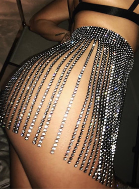 欧美2023新款电音节蹦迪闪亮性感闪钻绑带拼接女装夸张流苏半身裙