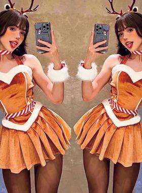 圣诞节辣妹穿搭新年装跨年吊带抹胸连衣裙cos小鹿兔女郎制服诱惑