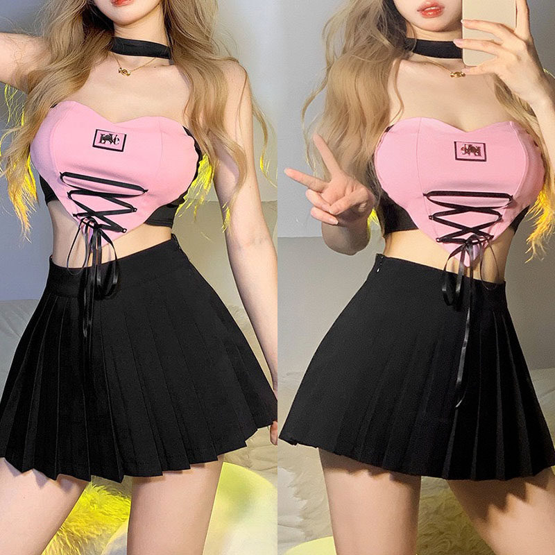 新款酒吧演出服ds领舞服比基尼dj派对舞台蕾丝吊带粉色百褶裙套装
