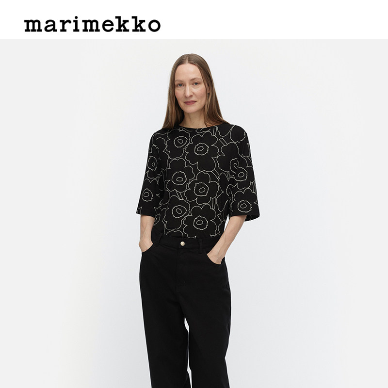 【线条Unikko印花】Marimekko女士黑色短袖圆领T恤