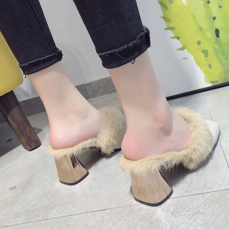 婚纱专用增高鞋方头毛毛包头拖鞋女秋冬高跟穆勒鞋2026新款粗跟韩