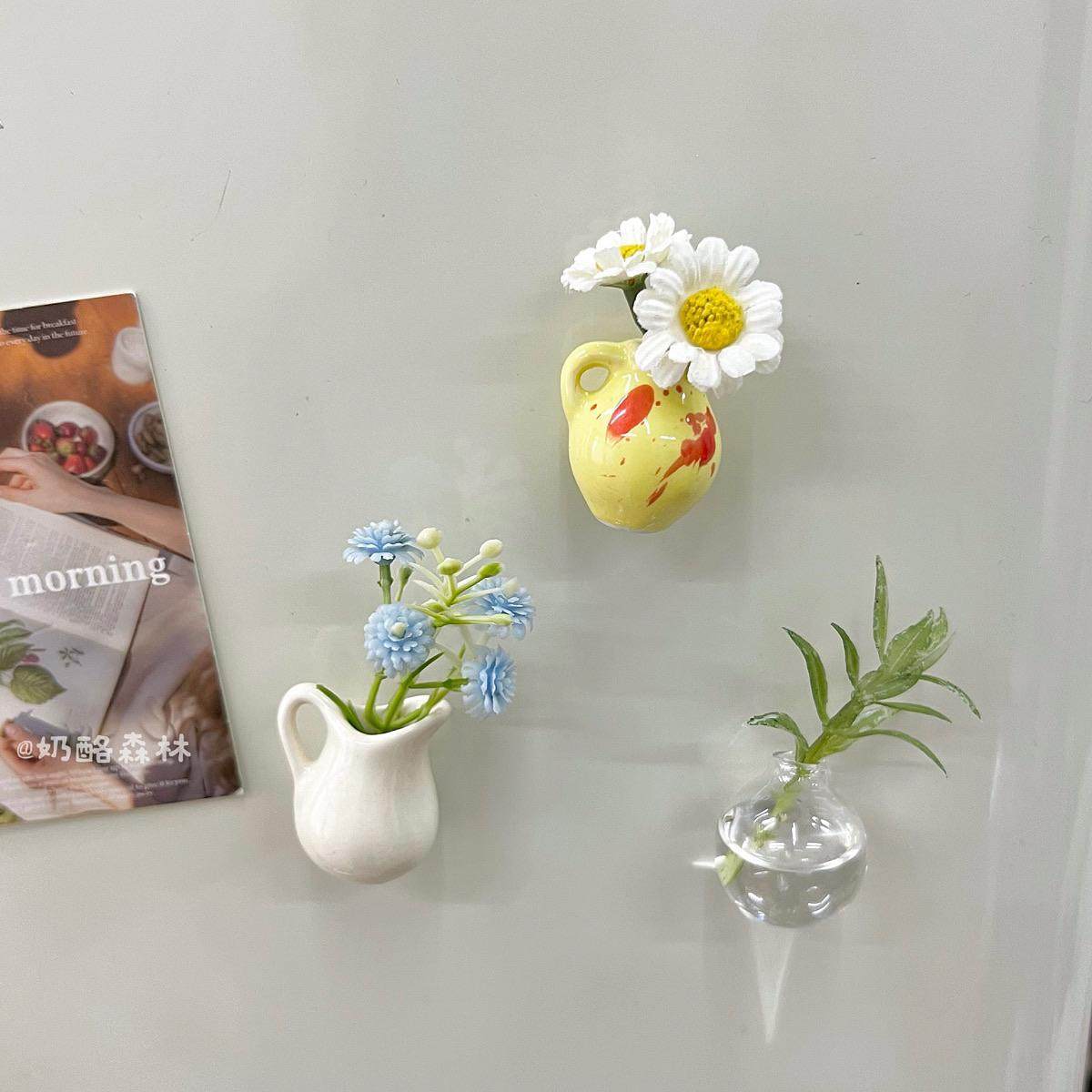 门上磁吸装饰ins风迷你陶瓷小花瓶冰箱贴磁吸个性创意3D立体水培