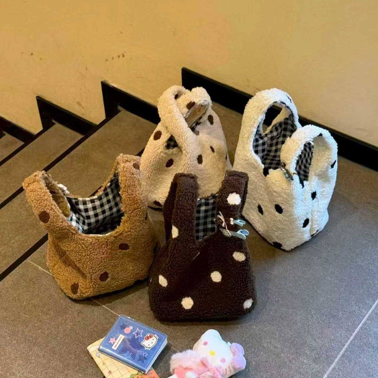 上班族网红手提袋2026秋冬新款毛茸茸手提包羊羔毛手腕格子包波点,箱包皮具/热销女包/男包,手提箱,淘宝优惠券,粉丝福利购,淘宝优惠卷