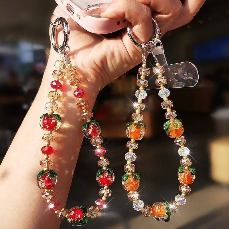 女士聚财手机挂绳柿柿如意手机链高级感水晶串珠手提链手机壳挂件