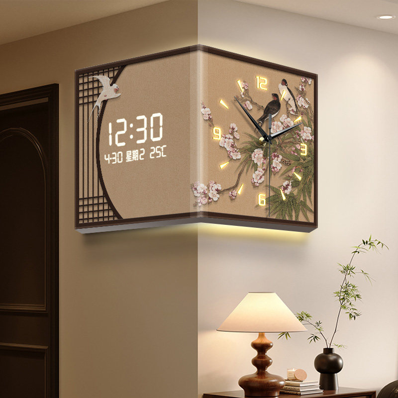 中式花鸟挂钟客厅2025新款高级感创意家用转角时钟带日历电子钟表