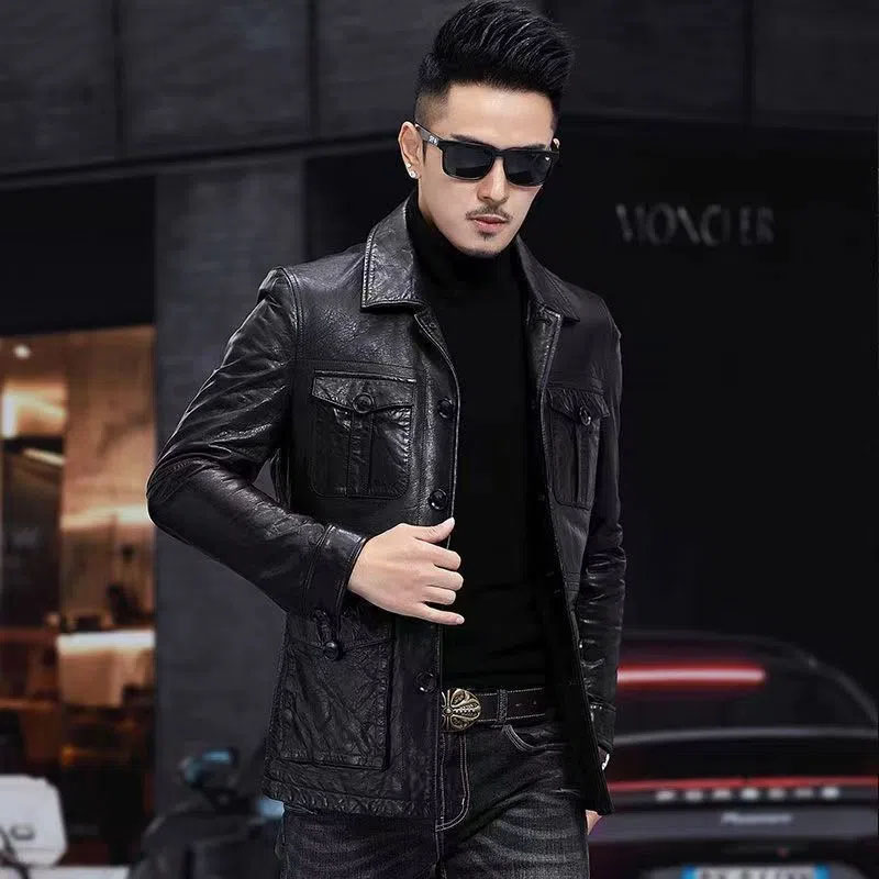 新款皮衣男海宁真皮绵羊皮机车猎装中长款皮夹克翻领休闲修身外套