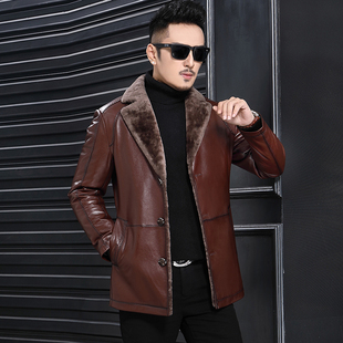 新款海宁绵羊皮皮毛一体男士真皮皮衣男中长款西装领修身外套