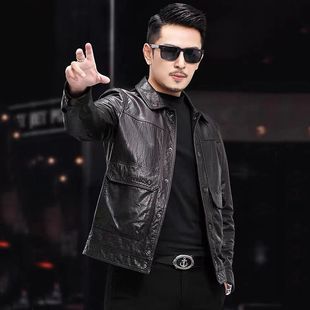 新款海宁绵羊真皮皮衣男短款翻领机车皮夹克韩版休闲修身外套秋冬