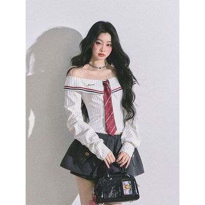 【首尔艺术生】 一字肩美式长袖条纹衬衫女秋气质低腰裙裤两件套