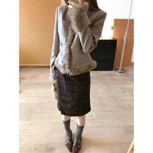韩系高级感套装女冬季新款气质百搭毛绒拼接外套格纹半身裙两件套