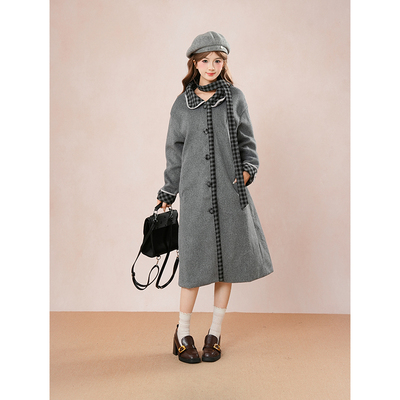 灰色秋冬宽松中长款甜美可爱毛呢外套秋冬新款系带格子加厚大衣女
