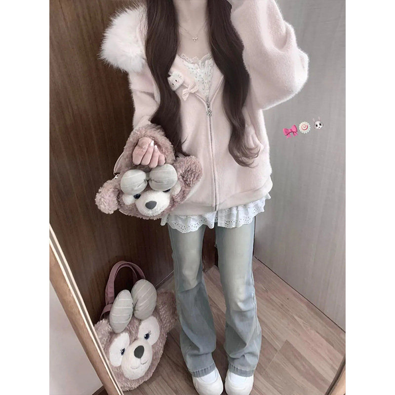 韩系甜美粉色毛领连帽针织开衫毛衣女秋冬小个子慵懒宽松显瘦外套