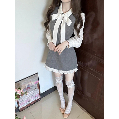 法式富家千金感假两件长袖连衣裙