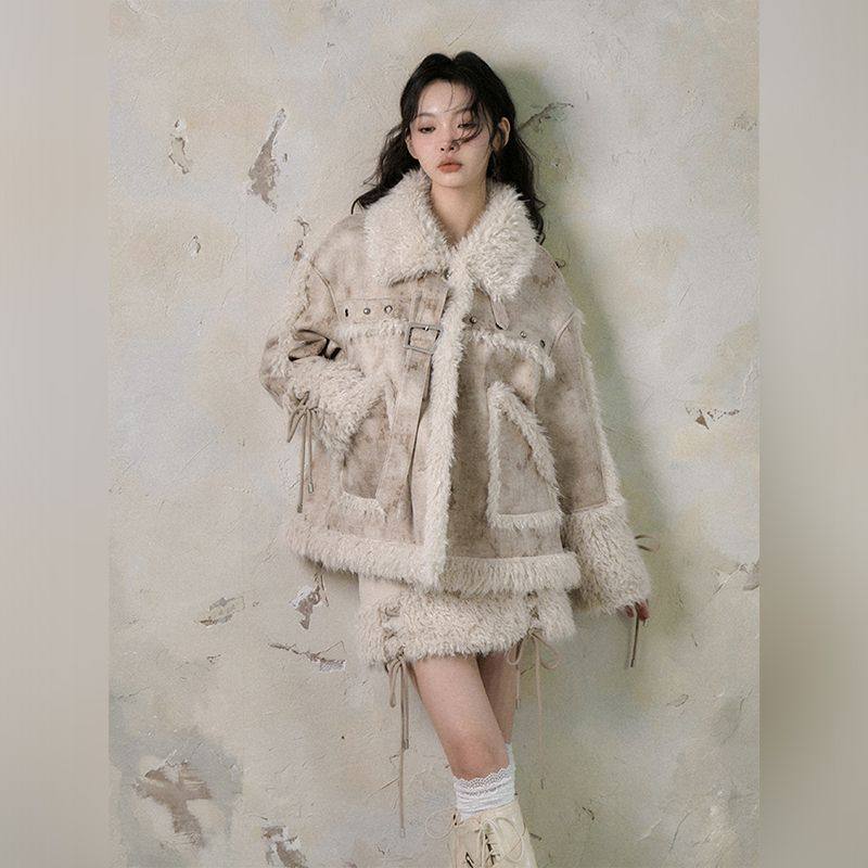 【荒木以序】冬季复古小众设计感皮毛一体外套半身裙套装两件套女
