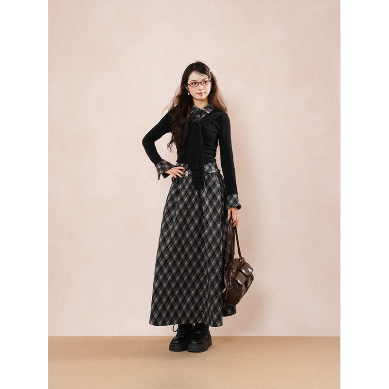 森林情书 韩系黑色长袖上衣格纹气质背心半身裙套装设计两件套