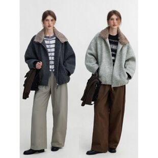 哥德堡 法式复古翻领可拆卸毛领蝙蝠袖型夹克2025秋冬通勤短外套